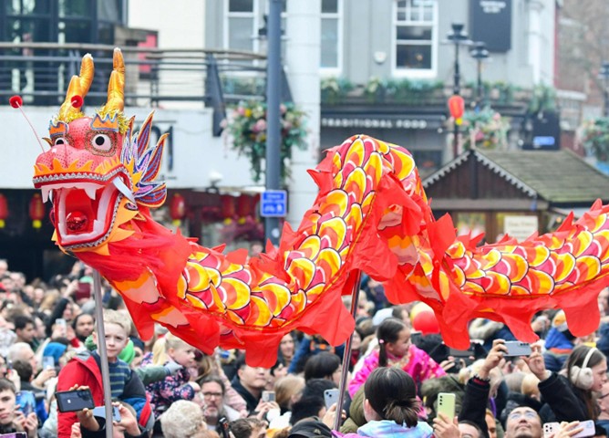 Chinese red dragon floating above crowd