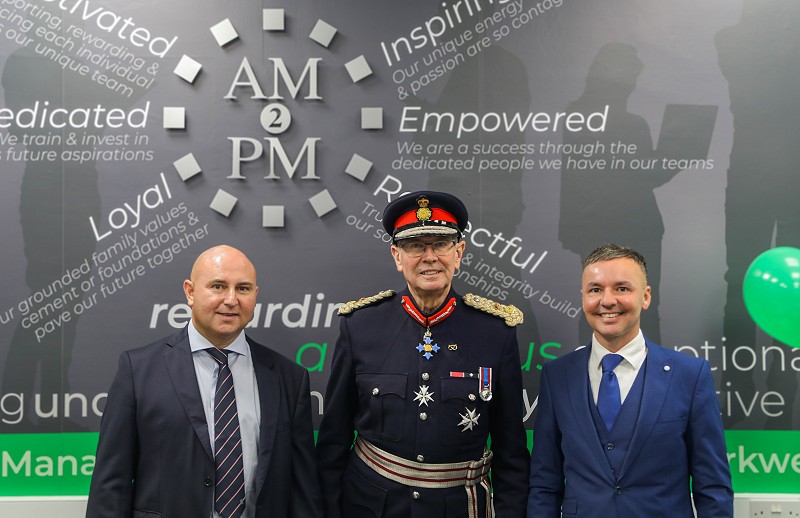 Lawrence Barton (right) with Staffordshire's Lord-Lieutenant Ian Dudson and AM2PM director Peter McSheffrey